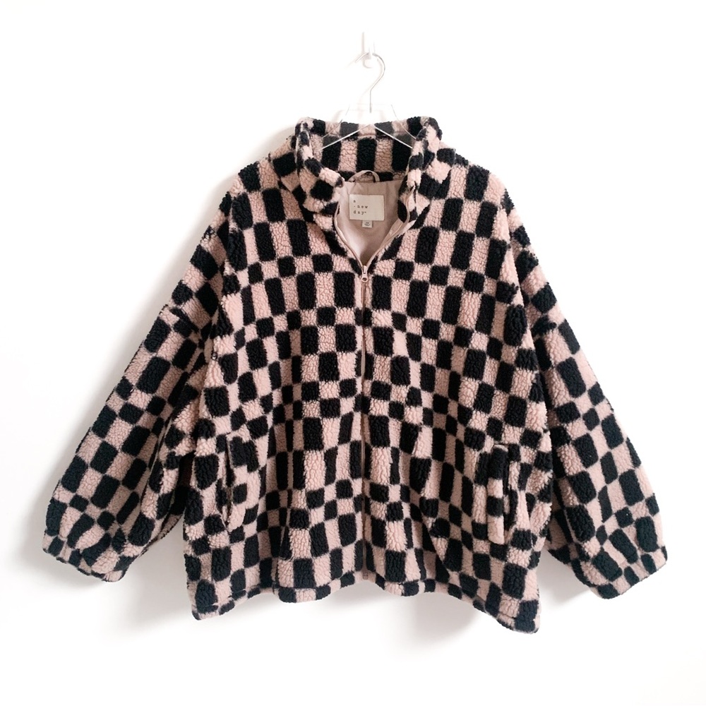 A New Day • black + pale pink checkered fleece zip-up jacket